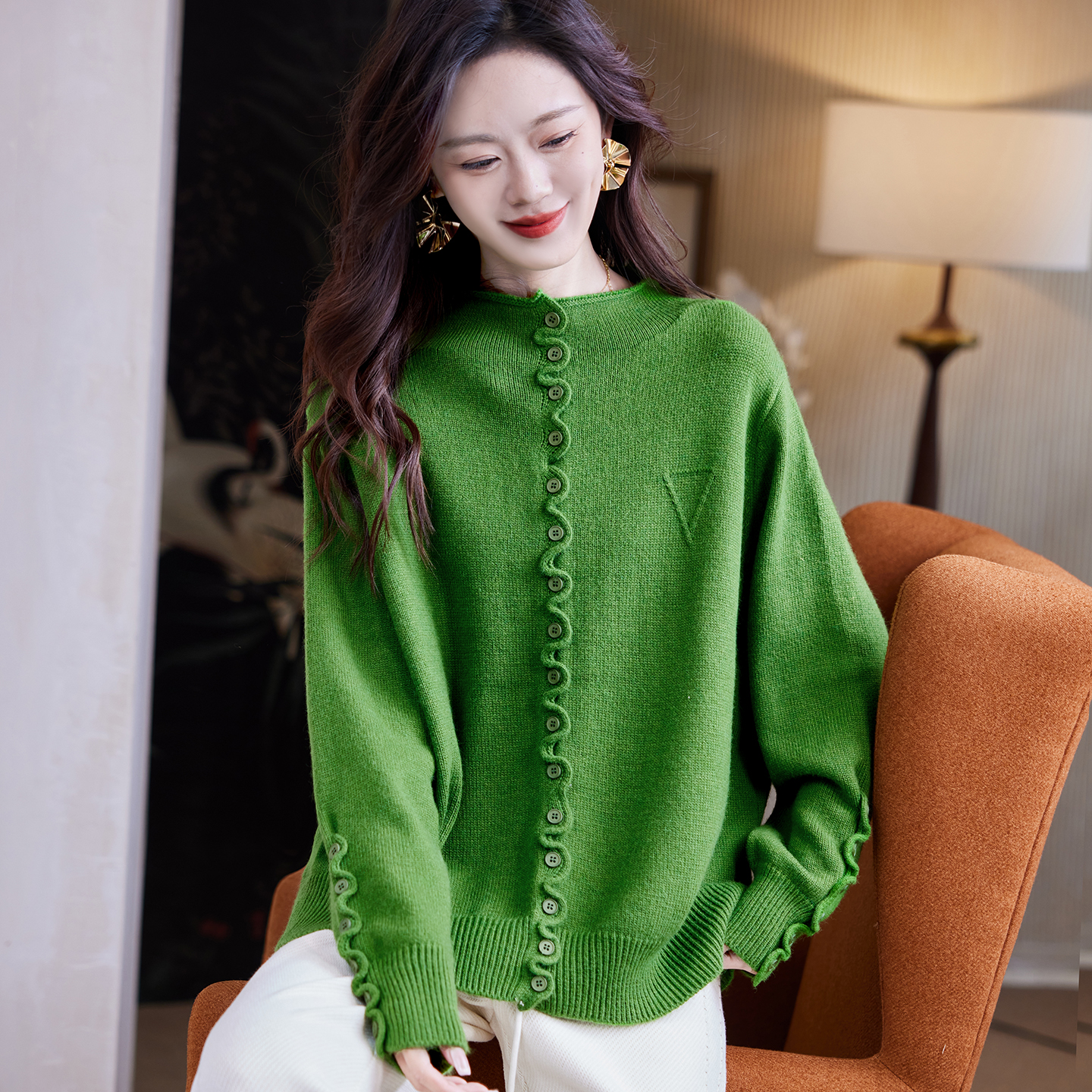 宝诗黎半高领慵懒针织开衫