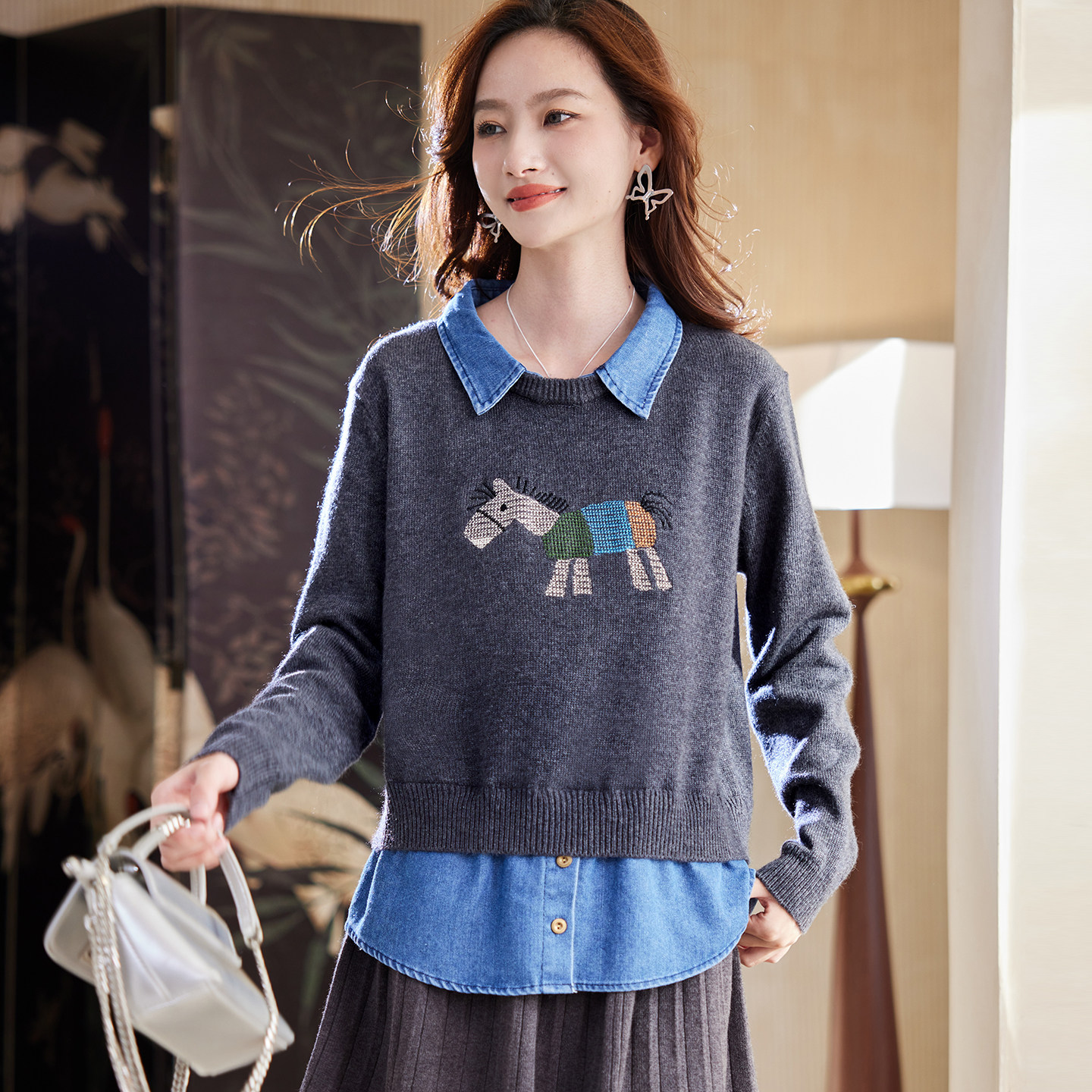 宝诗黎假两件牛仔拼接针织毛衣2025冬季韩系休闲减龄百搭洋气女装,女装/女士精品,毛衣,淘宝优惠券,粉丝福利购,淘宝优惠卷