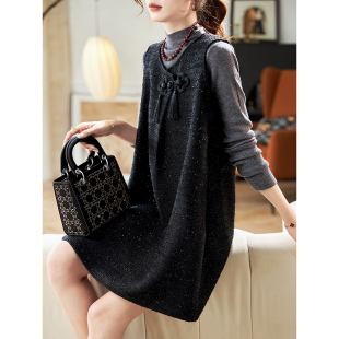 宝诗黎V领格子亮丝背心裙2026春季 直筒连衣裙 小香风流苏拼接无袖