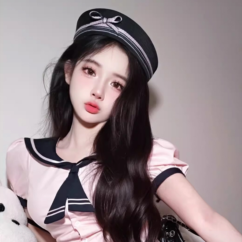 网红蝴蝶结翻檐水手帽春复古JK制服贝雷帽百搭甜美少女学院风帽子