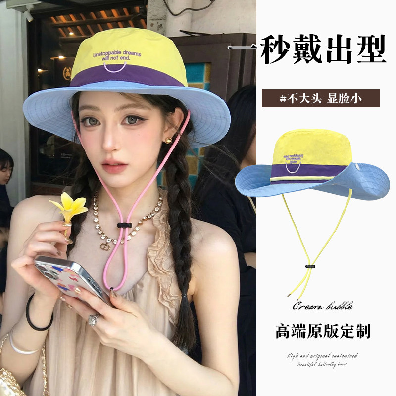 新款复古工装拼色渔夫帽女夏季防晒遮阳徒步露营春游情侣登山帽潮