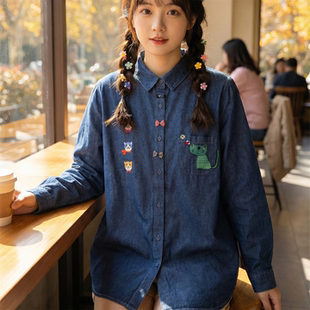 日系软妹学院风童趣可爱猫咪刺绣牛仔衬衫少女立体蝴蝶结减龄上衣