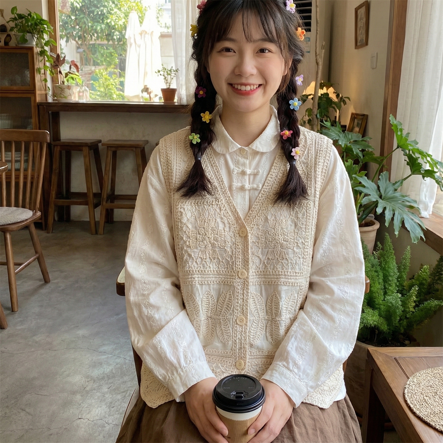 日系软妹重工立体钩花刺绣森女马甲背心女宽松显瘦小个子坎肩上衣