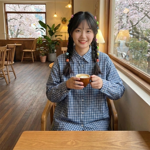日系软妹学院风纯棉格子衬衫 宽松显瘦荷叶边拼接百搭ins潮 女春季