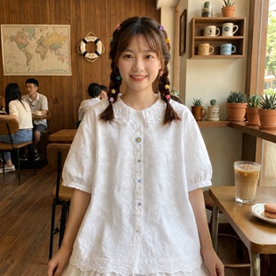 日系软妹重工刺绣花蕾丝双层娃娃领宽松短袖纯棉衬衫法式少女上衣