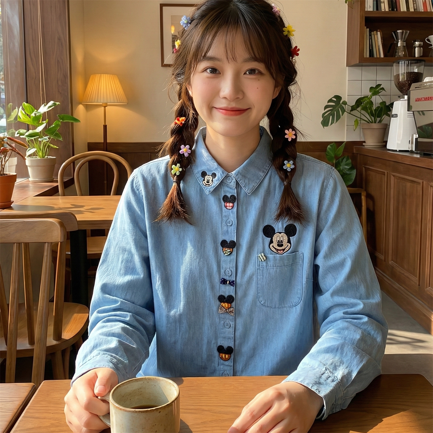 日系软妹元气少女甜美可爱米奇刺绣花蝴蝶结宽松长袖牛仔衬衫上衣