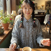 日系软妹甜美荷叶边拼接娃娃领宽松纯棉长袖 格子衬衫 小个子上衣女