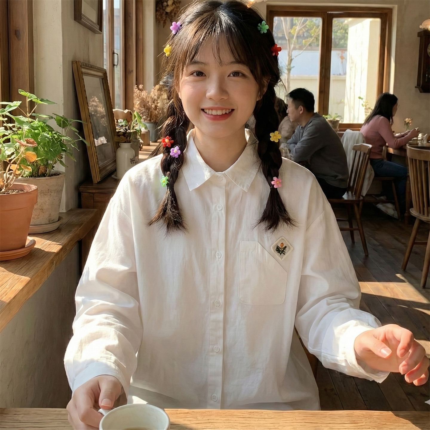 日系软妹口袋贴布刺绣花朵洋气设计感小众纯棉长袖衬衫女宽松上衣