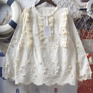 日系软妹重工立体钩花刺绣蕾丝拼接宽松圆领长袖 森女上衣 纯棉衬衫