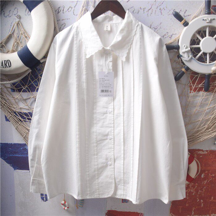 日系软妹森女风小清新风琴压褶宽松波浪娃娃领长袖纯棉布白衬衫女