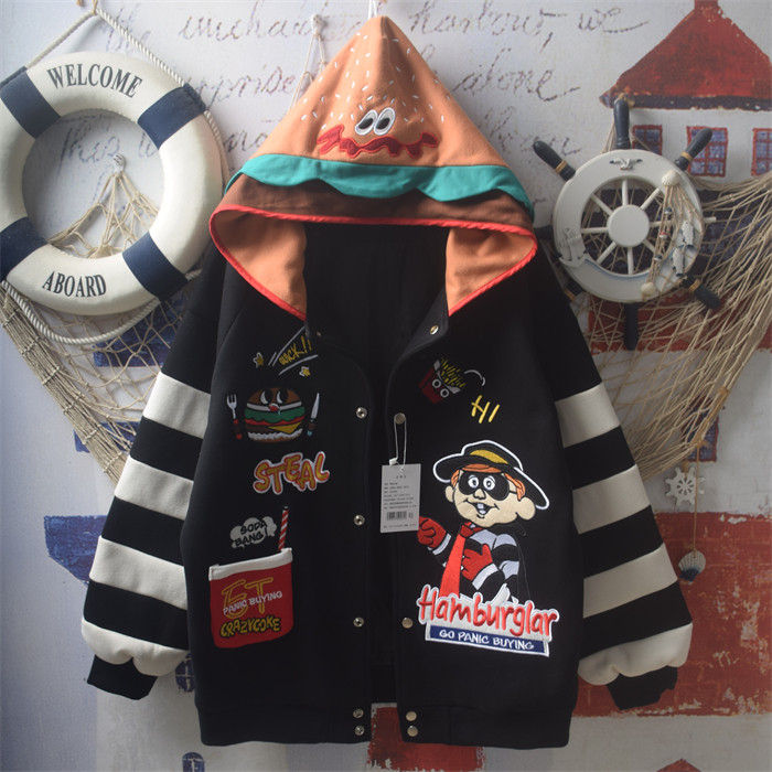 涂鸦卡通贴布刺绣连帽棉服外套女