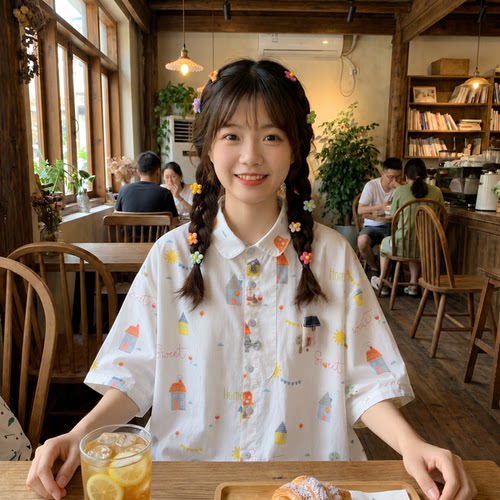 日系软妹纯棉宽松短袖涂鸦衬衫女