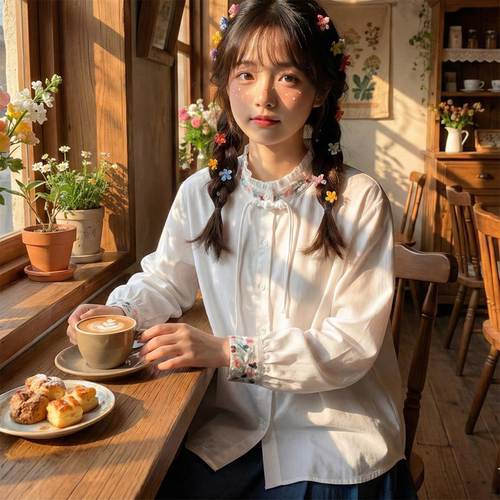 新中式复古盘扣纯棉白衬衫上衣女