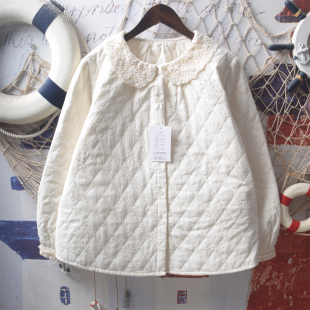 日系软妹甜美蕾丝娃娃领夹棉衬衣女重工刺绣花朵加厚保暖宽松外套