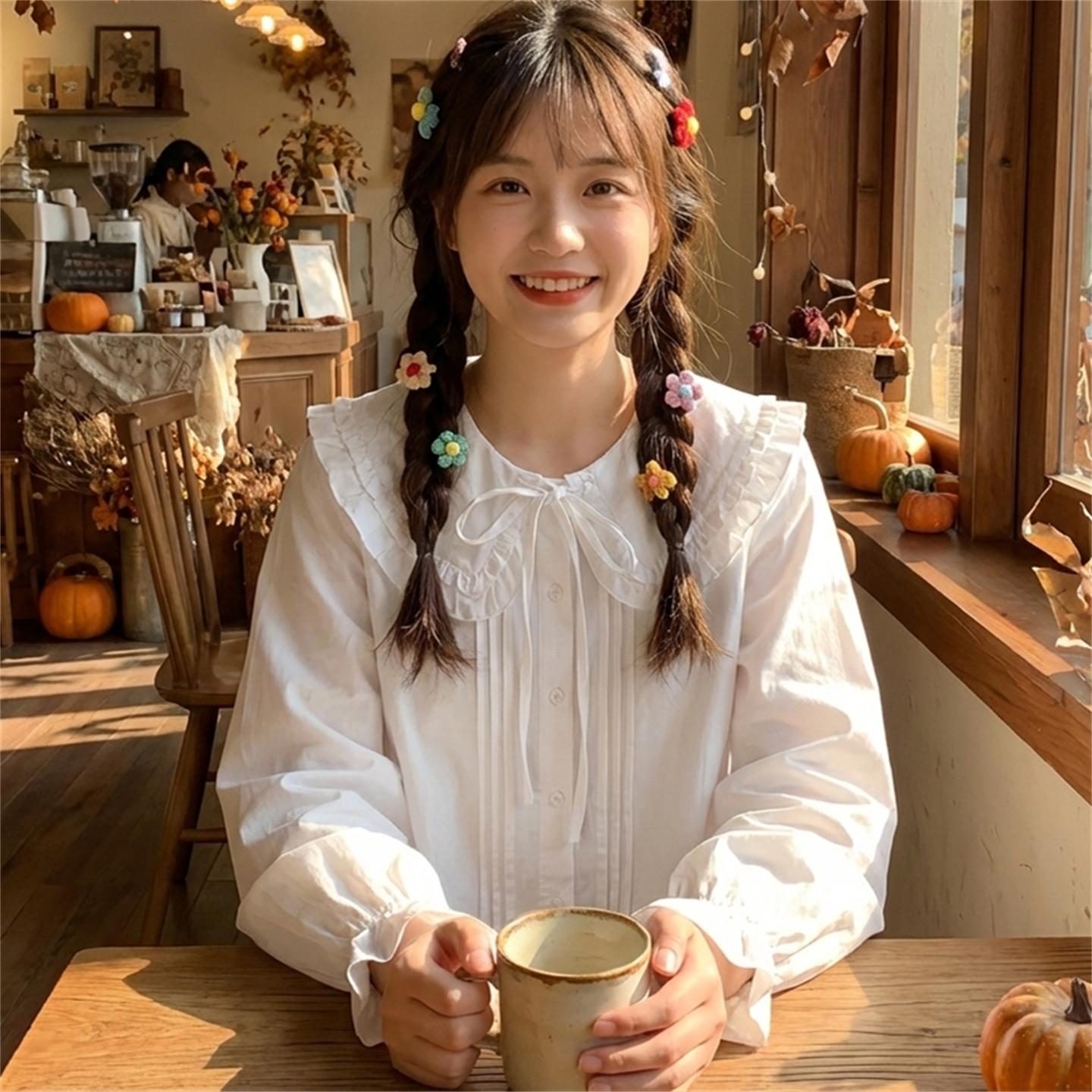 日系软妹学院风荷叶边娃娃领系带蝴蝶结宽松纯棉长袖白衬衫上衣女