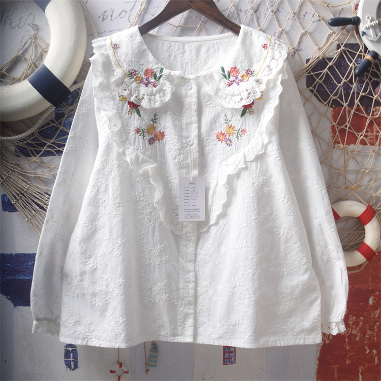 绣花荷叶边娃娃领纯棉长袖衬衫女
