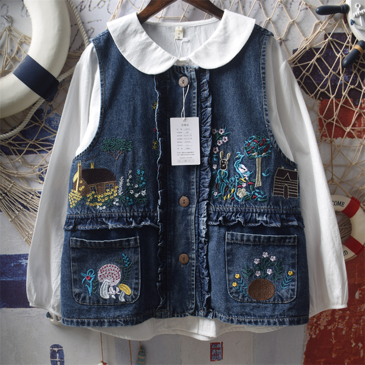童趣涂鸦重工刺绣大口袋牛仔马甲