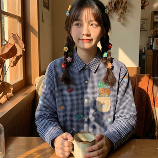 日系软妹学院风全棉格子衬衣童趣刺绣针织口袋拼接宽松显瘦上衣女