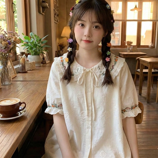 日系软妹森系重工刺绣花蕾丝拼接娃娃领系带蝴蝶结短袖 上衣女 衬衫