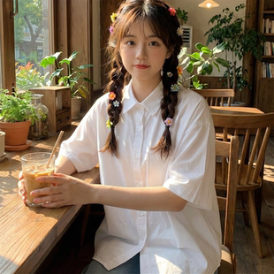 宽松短袖 女夏季 纯棉衬衣上衣 翻领白色衬衫 日系软妹通勤休闲基础款
