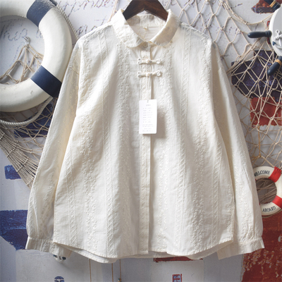 日系软妹新中式提花盘扣衬衫