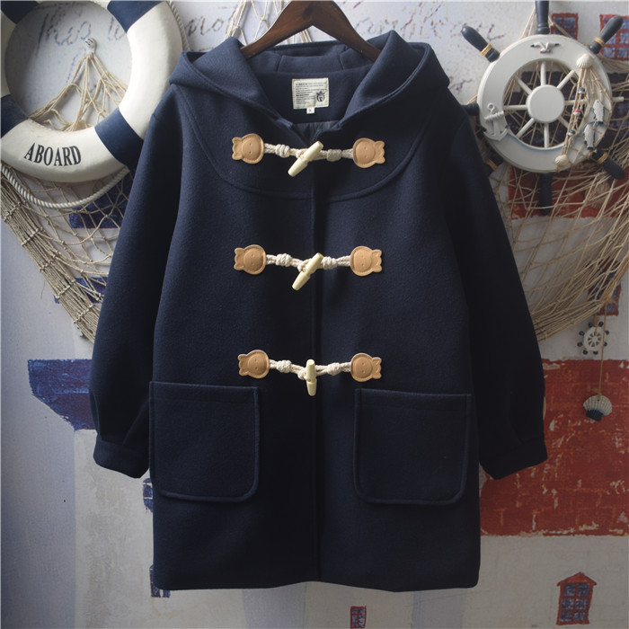 jk日系牛角扣中学院制服毛呢大衣