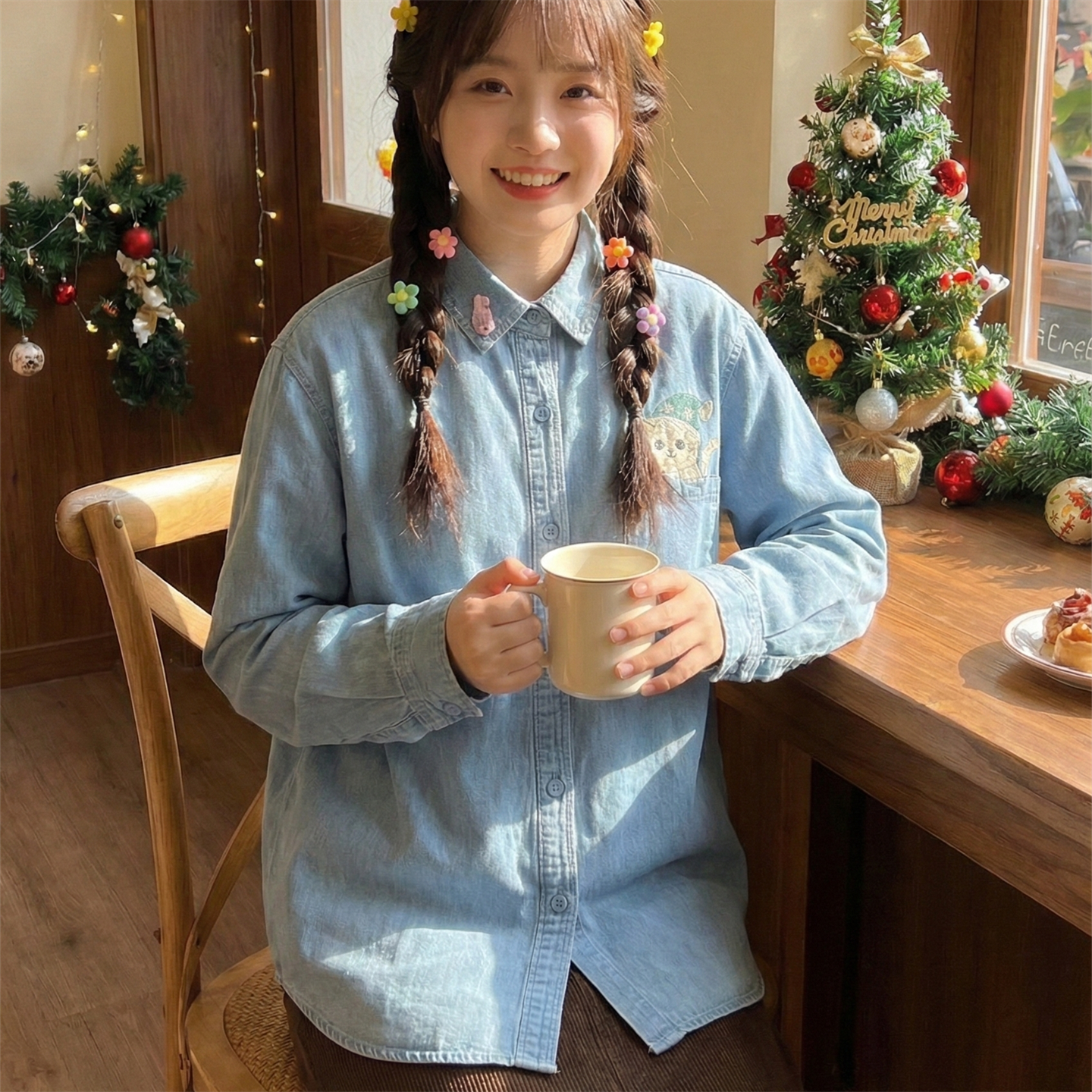 日系软妹圣诞帽猫咪刺绣牛仔衬衫女小鱼贴布绣宽松小个子上衣学生,女装/女士精品,衬衫,淘宝优惠券,粉丝福利购,淘宝优惠卷