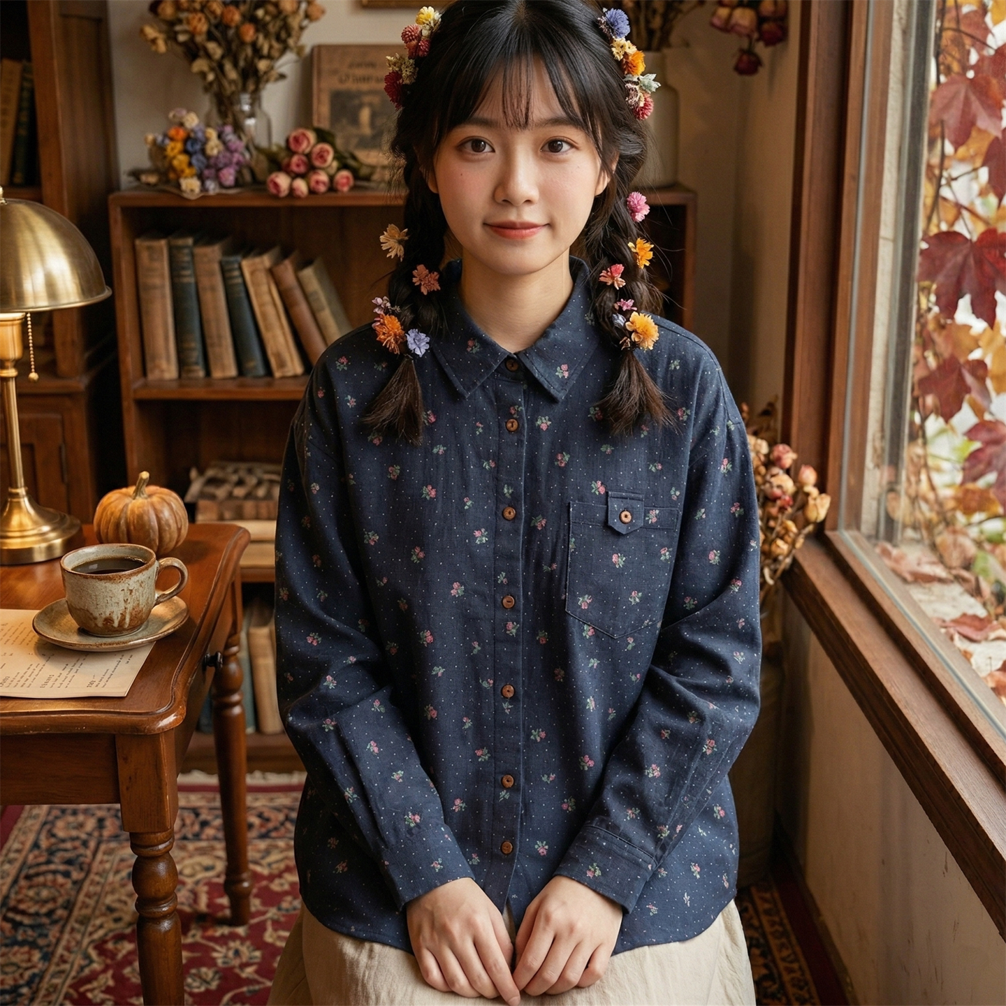 日系软妹森女系文艺复古简约单口袋长袖碎花衬衫小个子纯棉上衣女