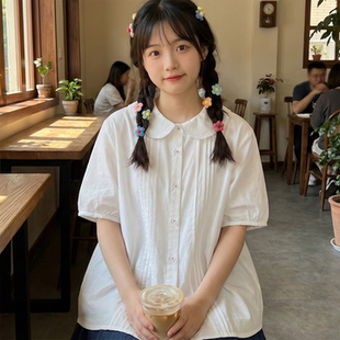女上衣气质百搭纯棉衬衣 短袖 日系软妹森女风元 宝娃娃领手工褶衬衫