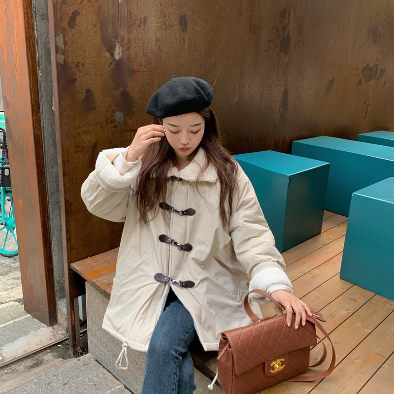 Autumn 2020 new Korean version of loose and thin inner layer lamb hair ox horn button with cotton padded clothes on both sides