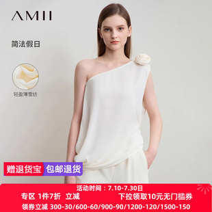 极简纯色轻奢雪纺梭织宽松露肩斜领立体花雪纺衫 Amii2025夏新款