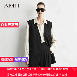 Amii2026秋新款高级通勤风V领蝴蝶结扣马夹女侧开叉中长叠搭上衣
