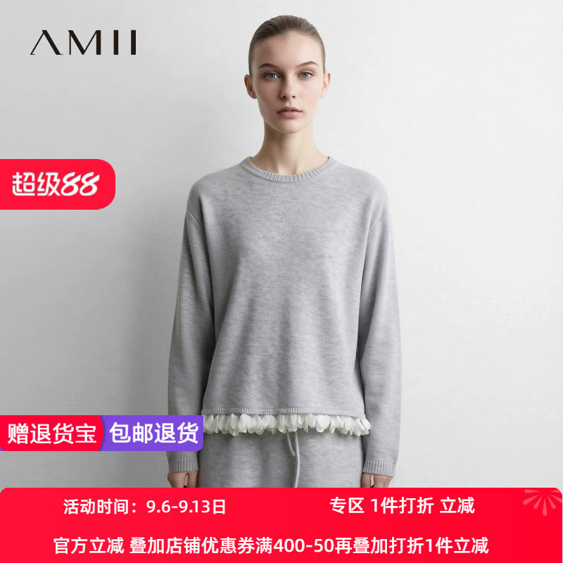 Amii2026秋新款优雅通勤风花瓣花边拼接圆领落肩袖毛衣女宽松上衣