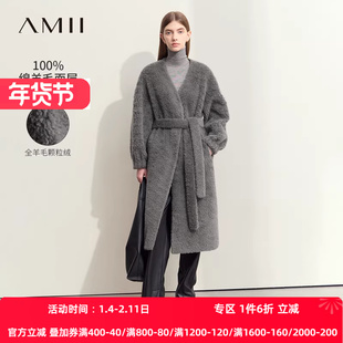 Amii2025冬新款通勤V领全绵羊毛配腰带长款皮草大衣女宽松上衣