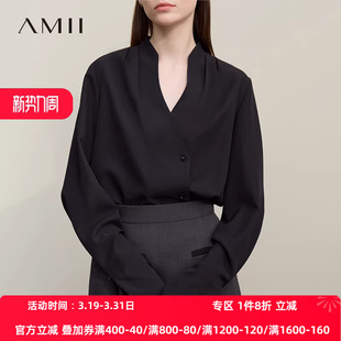 雪纺衫 国风立领V领收褶喇叭袖 女宽松上衣 新中式 Amii2026春新款