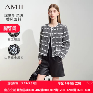 Amii2026冬新款 香风圆领垫肩肌理感毛呢外套女山茶花金属扣上衣