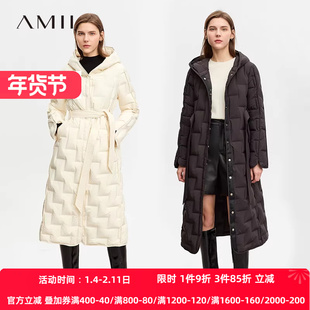 Amii白鸭绒连帽羽绒服女2025冬季新款长款加厚保暖大衣配腰带外套