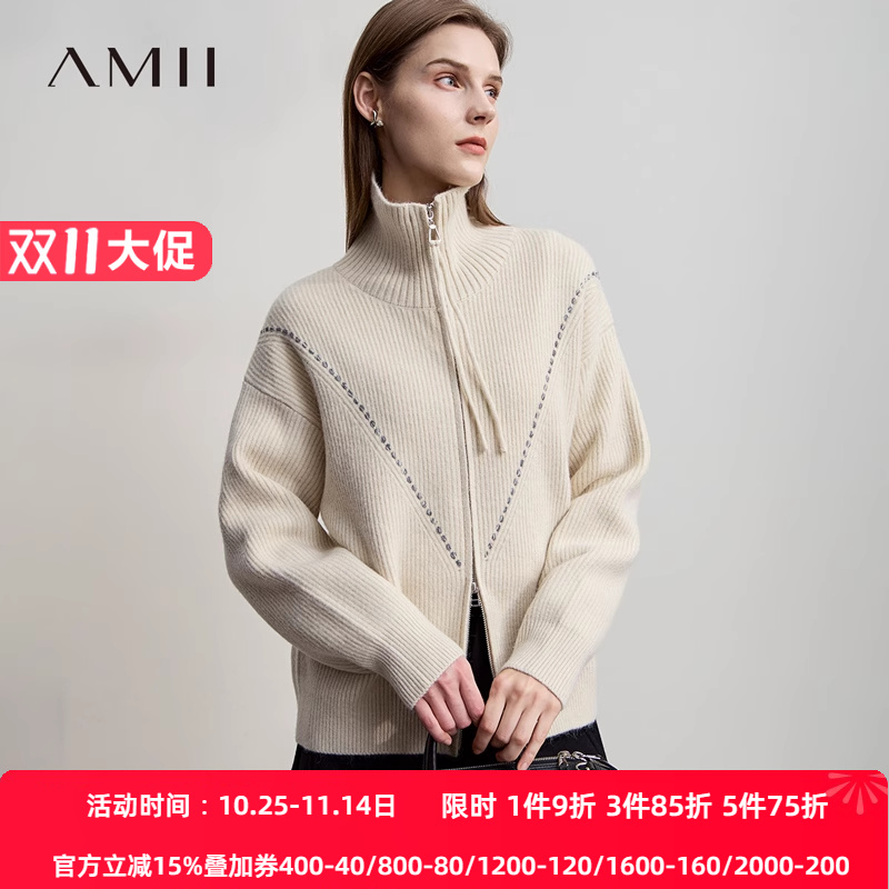 Amii【韩版休闲】韩版休闲双开拉链高领长袖针织外套秋冬外套毛衣