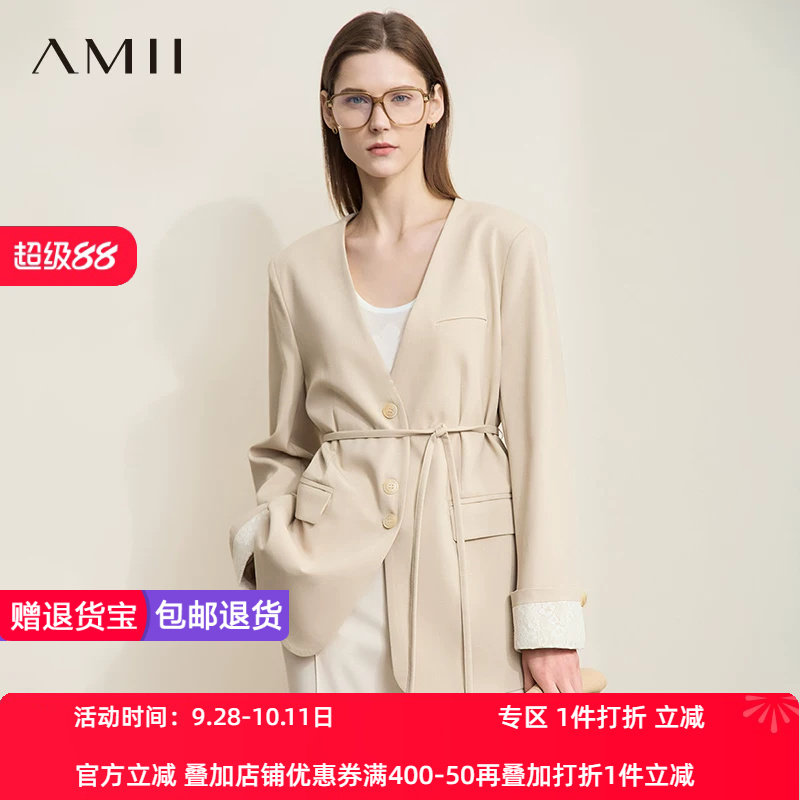 AMII【极简风】25秋款中西结合知性通勤V领中长款西装外套女