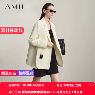 Amii2026秋新款翻驳领小宽肩垫肩开叉西装女布标装饰中长款上衣