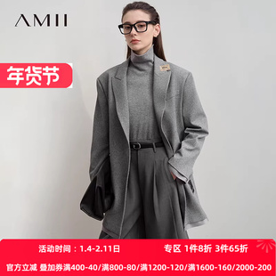 Amii2025秋新款男友风超宽松中长小落肩斜纹大廓形西装外套女