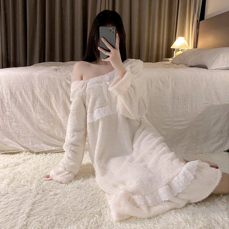 睡衣女日系秋冬季公主风加厚珊瑚绒长袖法兰绒浴袍甜美睡裙家居服
