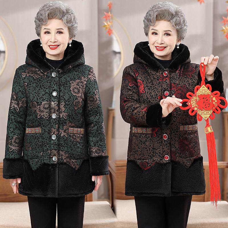 老年人冬装棉衣女70岁奶奶装连帽外套加绒加厚老太太衣服妈妈棉袄