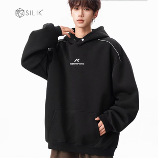 美式重磅刺绣连帽卫衣男女秋潮牌撞色拼接套头衫复古宽松运动外套