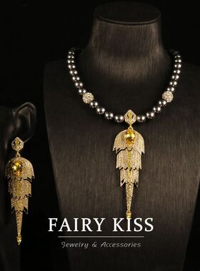 法式复古密镶满钻长款扫肩个性时尚莱茵石镶嵌琉璃珍珠高级感饰品