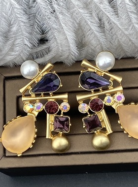 中古vintage 24雾面金捷克钻莱茵石镶嵌清新甜美不规则造型耳夹