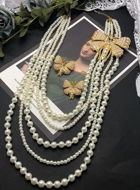 欧美复古多层珍珠长款项链毛衣链优雅蝴蝶胸针耳钉耳夹百搭套装