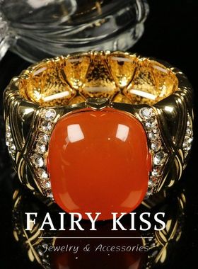 大气重工高档新款国风中古活口耳饰玛瑙戒指金手镯橙色女镀真个性