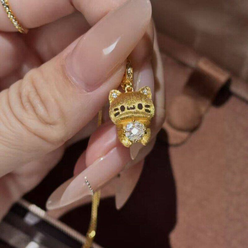 S925纯银意大利拉丝工艺小猫招财项链女轻奢小众锁骨链个性颈饰