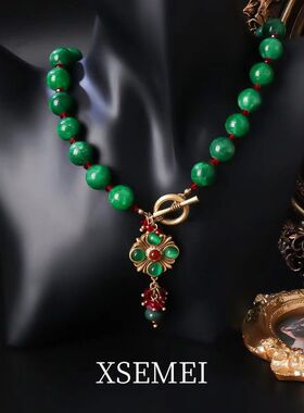 新款中古西洋风绿色玛瑙串珠短款锁骨项链配套耳环配饰